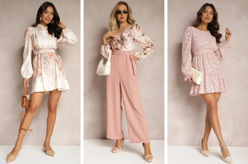 stylizacje na komunię różowa kwiatowa sukienka i kombinezon