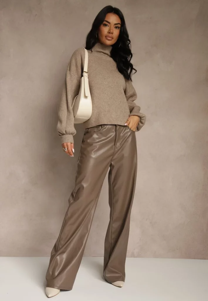 Monochromatyczna stylizacja z beżowym swetrem, skórzanymi spodniami i białą torebką.