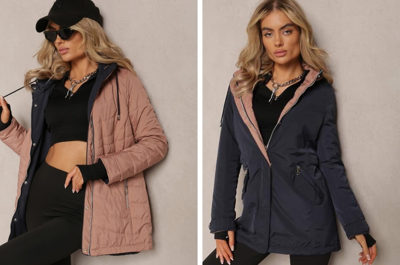 blondynka w granatowej i beżowej kurtce
