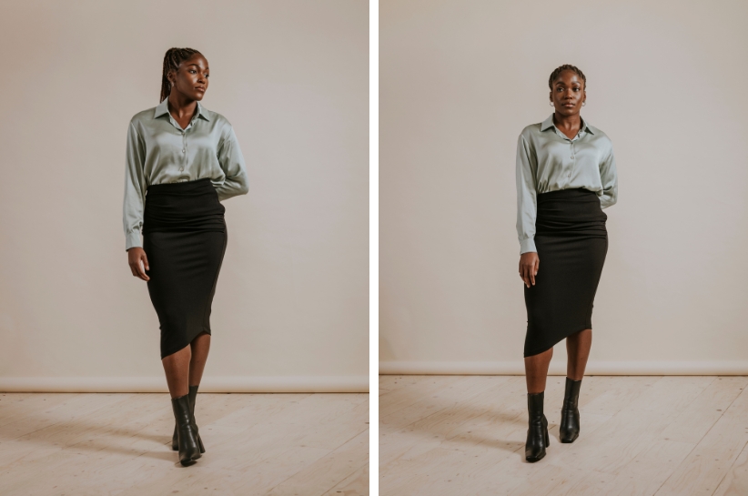 Modelka pozuje w dwóch kadrach z ołówkową spódnicą i koszulą.