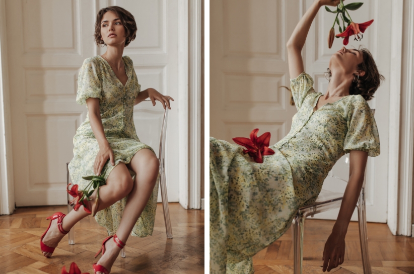 kolaż, modelka prezentuje sukienkę w kwiaty w dwóch pozach