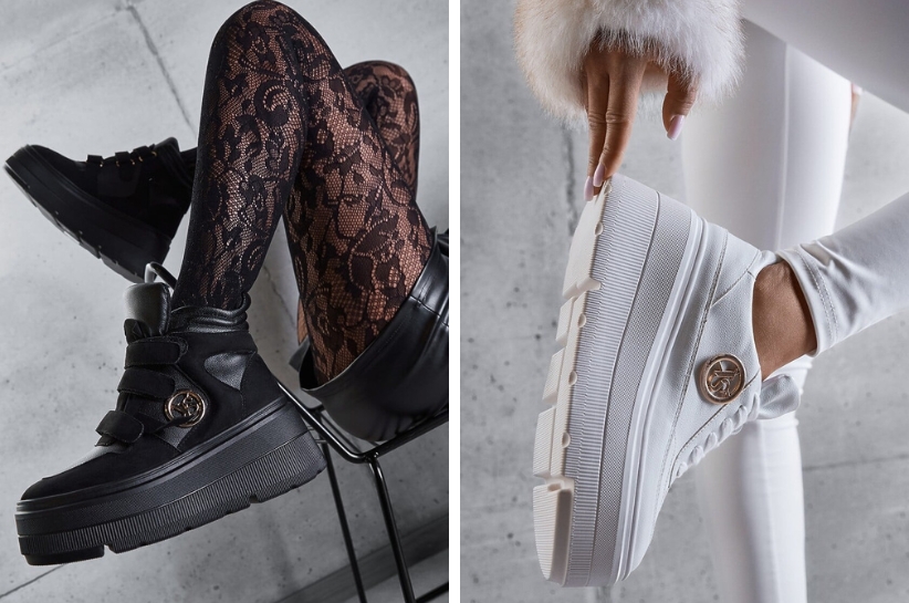 Modelki prezentują czarne i białe sneakersy z kolekcji renee.pl