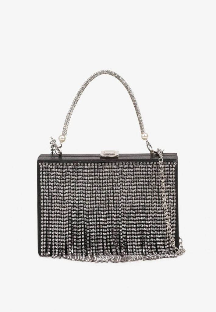 Czarna wieczorowa torebka renee z łańcuszkiem i cyrkoniami, elegancki model wieczorowy.
