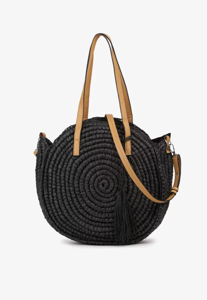 Czarna pleciona okrągła shopperka renee z długimi rączkami i paskiem, modna torebka SS26.