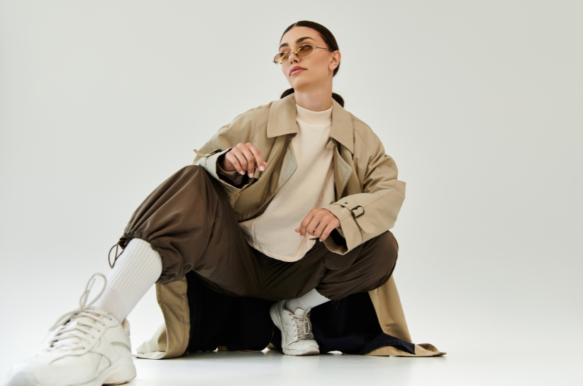Modelka w pozycji kucającej. Ma na sobie bluzę, płaszcz, dresy, skarpetki długie i sneakersy.