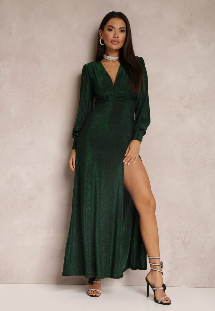 zielona sukienka wieczorowa maxi z rozcięciem
