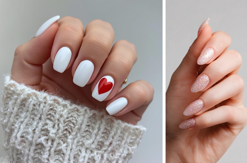 paznokcie na walentynki inspiracje - biala stylizacja z czerwonym sercem i brokatowy nude kolor