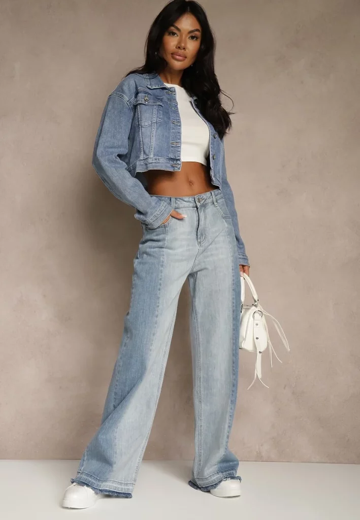 Niebieskie jeansy high waist wide leg w dwóch odcieniach denimu Carilvienne – szerokie nogawki