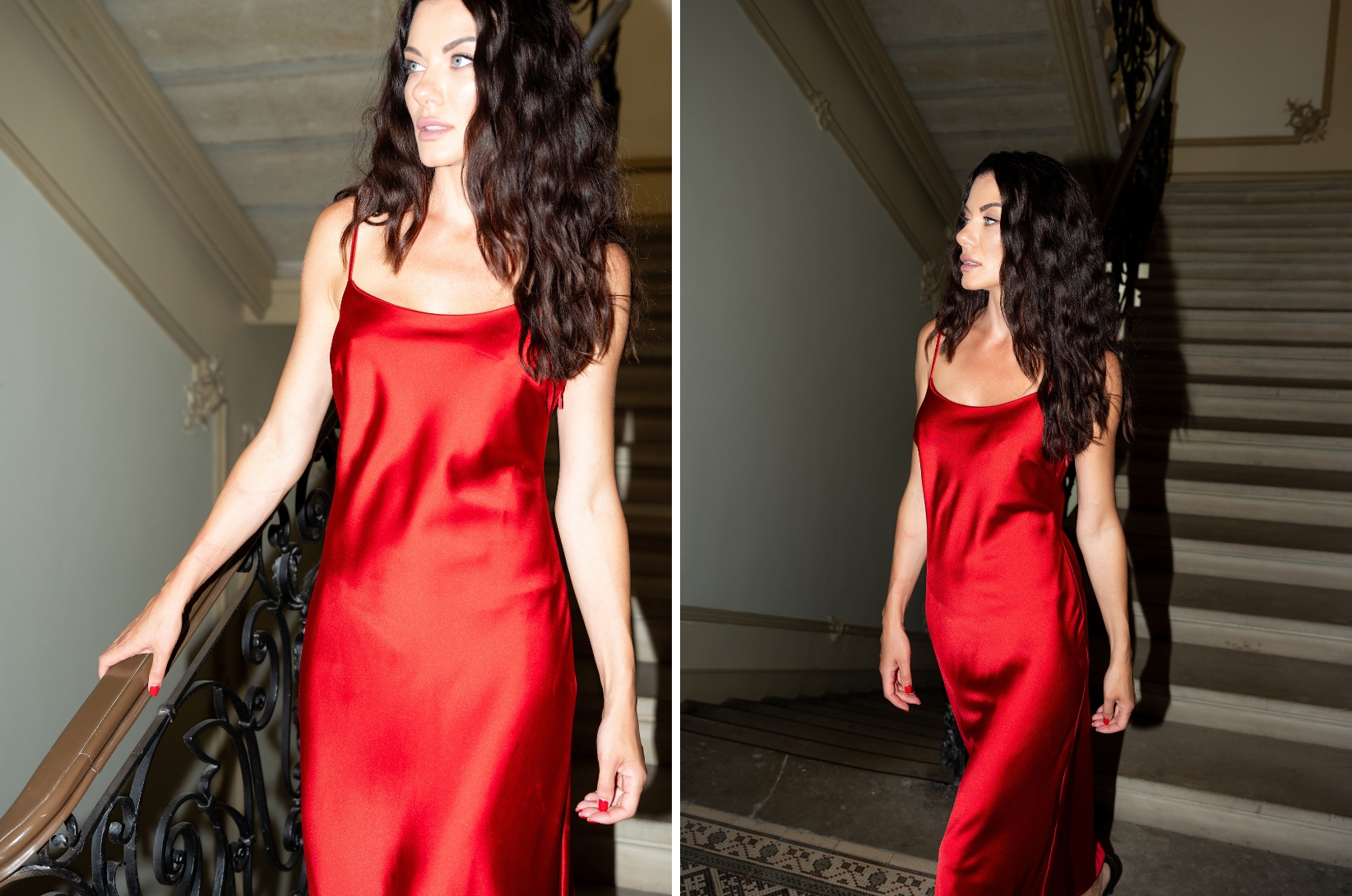 Dwa kadry na elegancką satynową czerwoną sukienkę prezentowaną na modelce z ciemnymi włosami