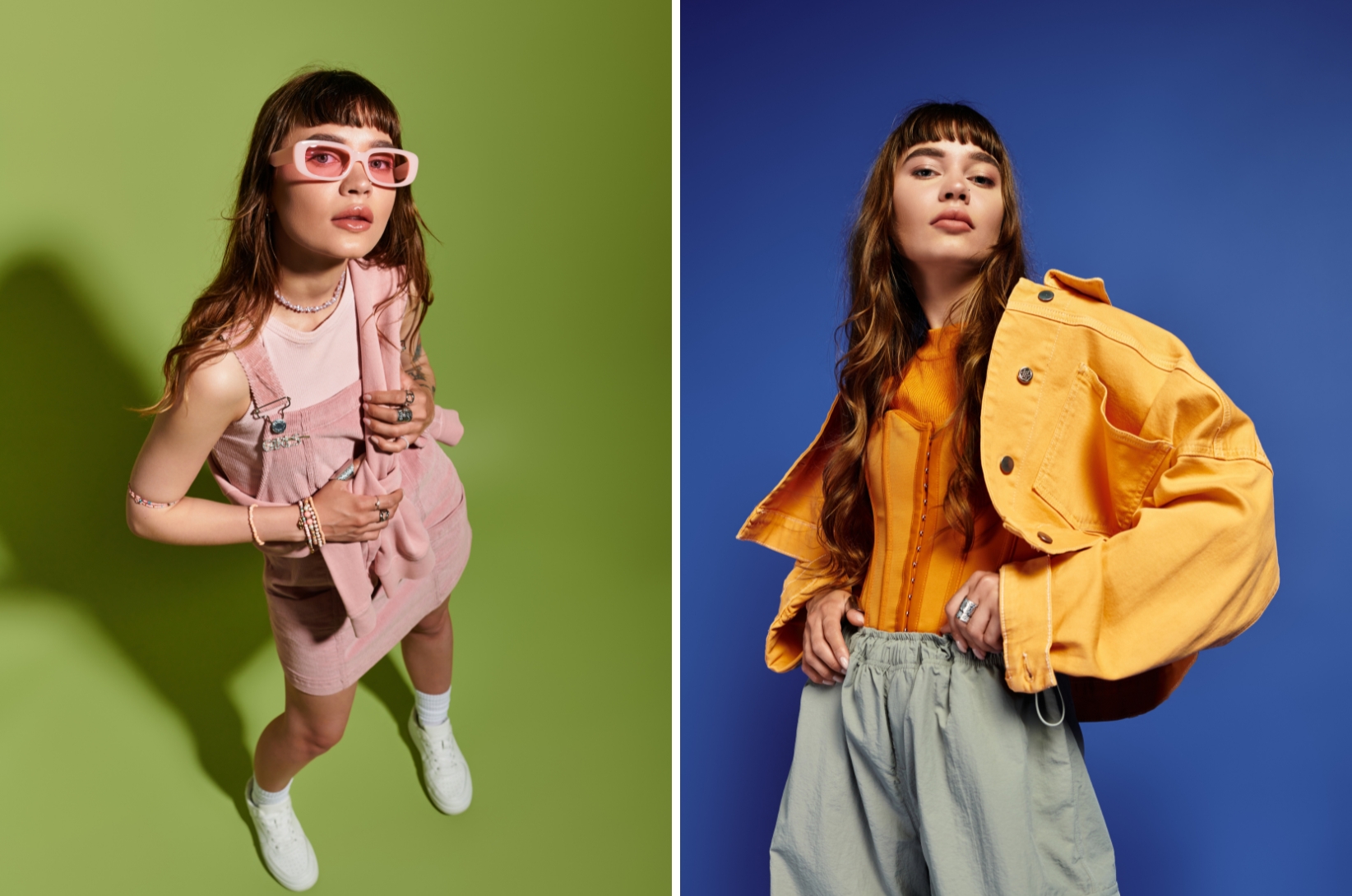 Modelka przedstawia dwie stylizacje (kolaż) - jedną w odcieniu różu na zielonym tle, a drugą w żołci na granatowym tle.