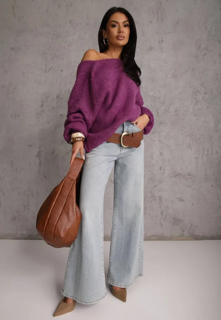 Fioletowy kardigan oversize z kokardami (wiązanymi) i domieszką wełny.