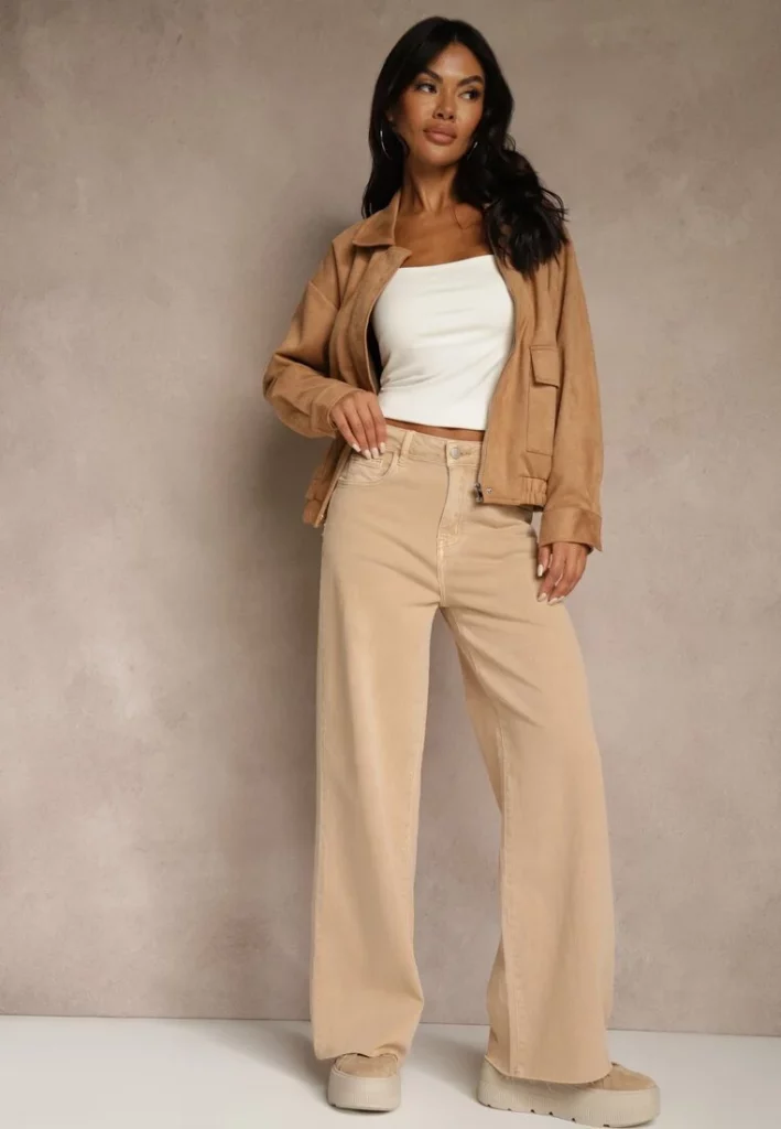 Beżowe jeansy high waist wide leg z surowo zakończonymi nogawkami i szerokim krojem.