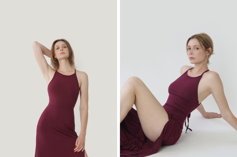 Modelka prezentuje bordową dopasowaną sukienkę w dwóch pozach.