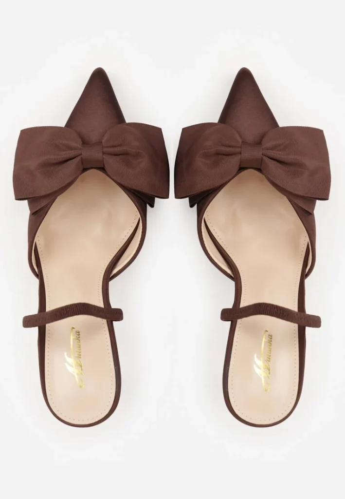 brązowe satynowe szpilki z ozdobną kokardą Gihaen