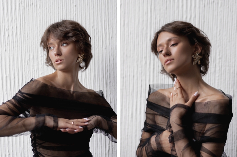 kolaż modelki prezentującej transparentną bluzkę z siateczki w kolorze czarnym