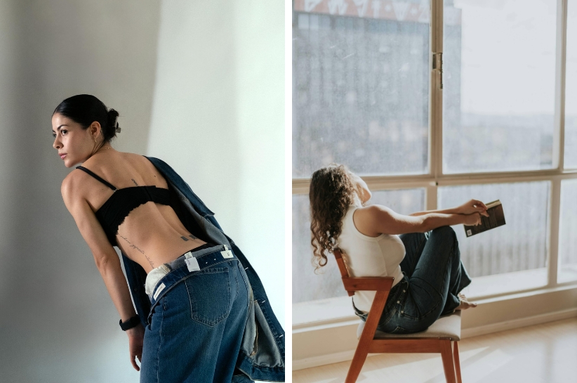 Kolaż, gdzie modelki prezentują różne odcienie i modele jeansów.